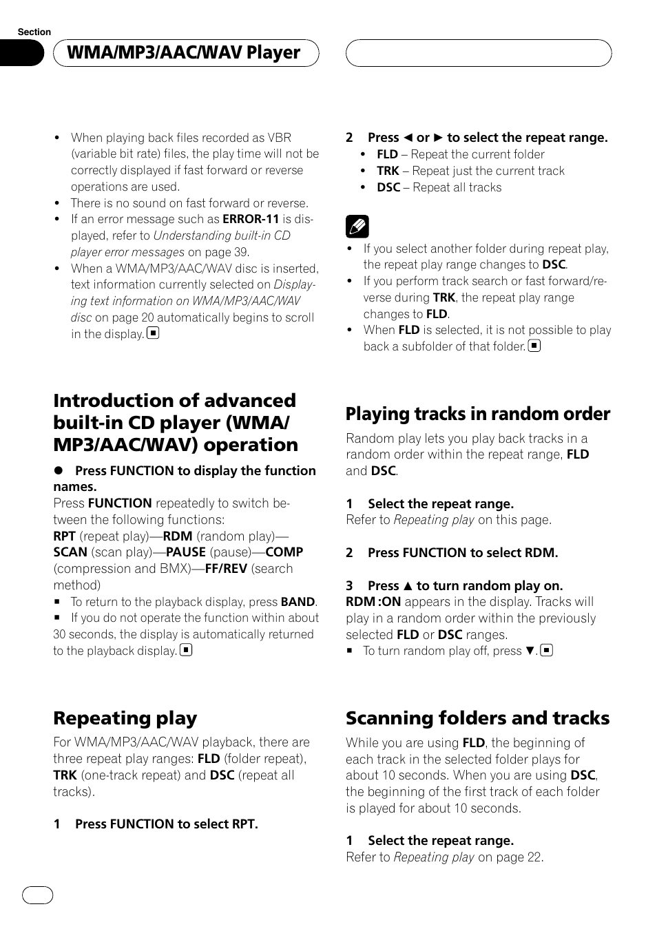 Introduction of advanced built-in cd player, Wma/mp3/aac/wav) operation, Repeating play | Playing tracks in random order, Scanning folders and tracks, Wma/mp3/aac/wav player | Pioneer DEH-P3900MP User Manual | Page 18 / 132