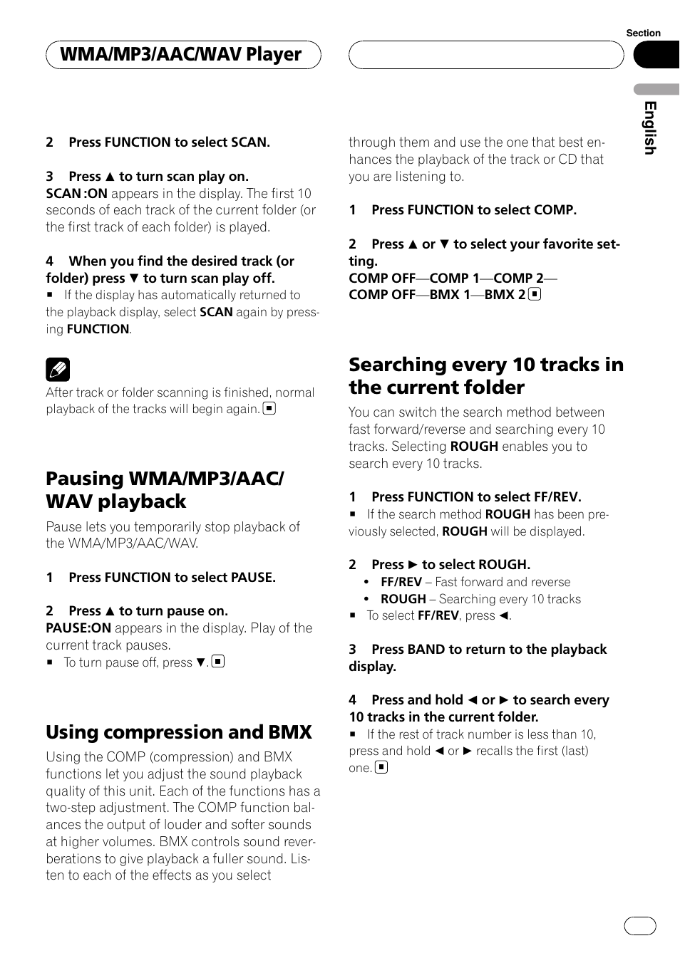 Pausing wma/mp3/aac/wav playback, Using compression and bmx, Searching every 10 tracks in the current | Folder, Pausing wma/mp3/aac/ wav playback, Searching every 10 tracks in the current folder, Wma/mp3/aac/wav player | Pioneer DEH-P3900MP User Manual | Page 19 / 132