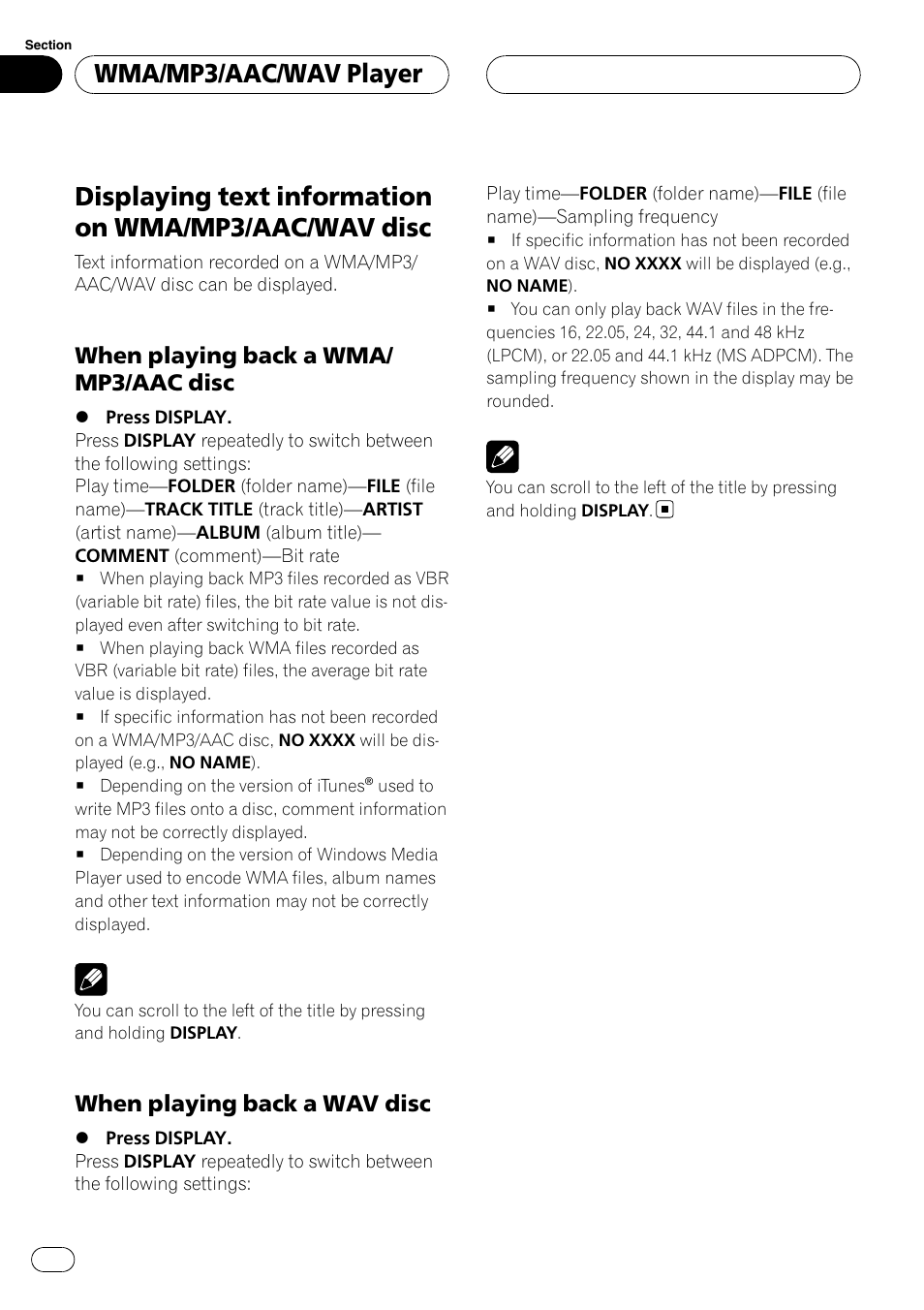 Displaying text information on wma/mp3, Aac/wav disc, When playing back a wma/mp3/aac | Disc, When playing back a wav disc 20, Wma/mp3/aac/wav player, When playing back a wma/ mp3/aac disc, When playing back a wav disc | Pioneer DEH-P3900MP User Manual | Page 20 / 132