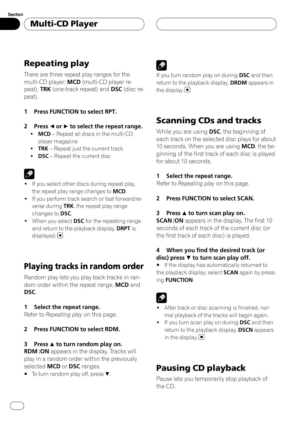 Repeating play, Playing tracks in random order, Scanning cds and tracks | Pausing cd playback, Multi-cd player | Pioneer DEH-P3900MP User Manual | Page 22 / 132