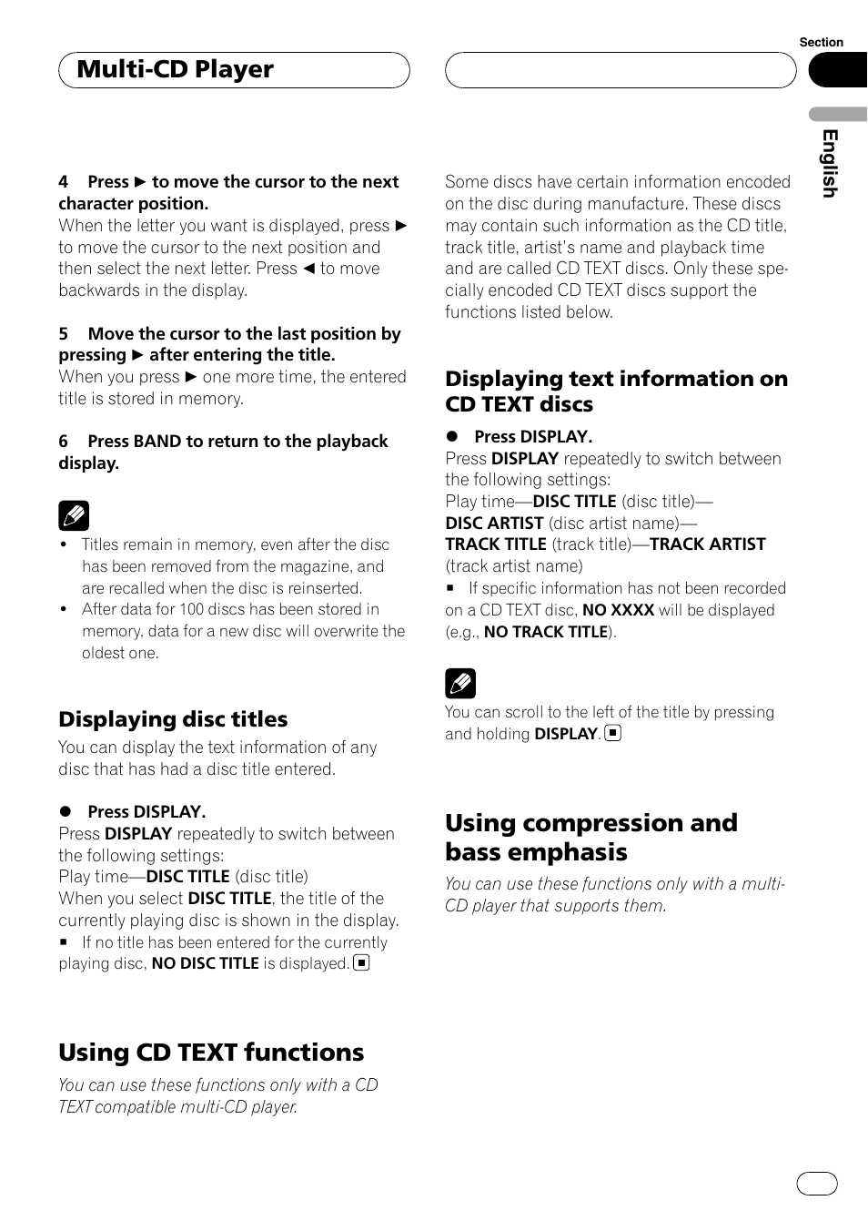 Displaying disc titles 25, Using cd text functions, Displaying text information on cd text | Discs, Using compression and bass emphasis, Multi-cd player, Displaying disc titles, Displaying text information on cd text discs | Pioneer DEH-P3900MP User Manual | Page 25 / 132