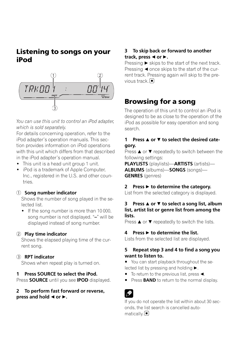 Browsing for a song, Listening to songs on your ipod | Pioneer DEH-P3900MP User Manual | Page 27 / 132