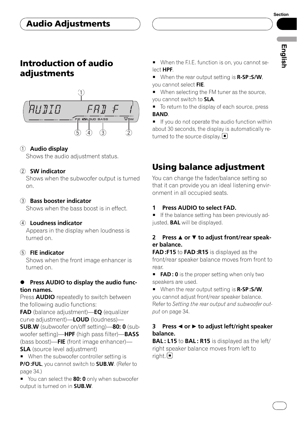 Using balance adjustment, Introduction of audio adjustments, Audio adjustments | Pioneer DEH-P3900MP User Manual | Page 29 / 132