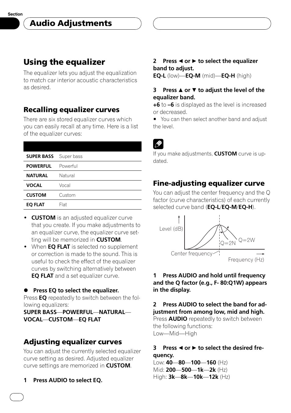 Using the equalizer, Recalling equalizer curves 30, Adjusting equalizer curves 30 | Fine-adjusting equalizer curve 30, Audio adjustments, Recalling equalizer curves, Adjusting equalizer curves, Fine-adjusting equalizer curve | Pioneer DEH-P3900MP User Manual | Page 30 / 132