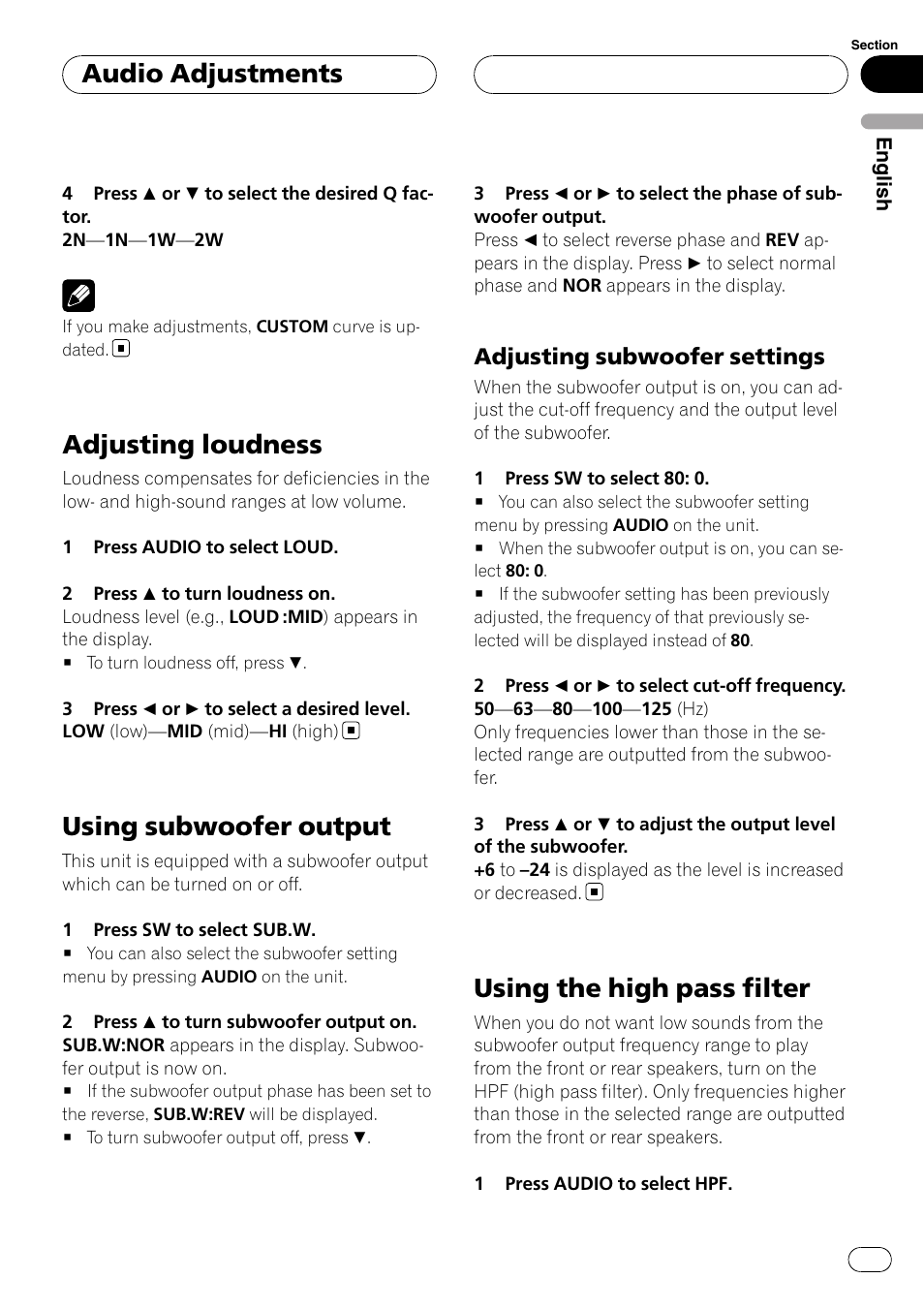 Adjusting loudness, Using subwoofer output, Adjusting subwoofer settings 31 | Using the high pass filter, Audio adjustments, Adjusting subwoofer settings | Pioneer DEH-P3900MP User Manual | Page 31 / 132