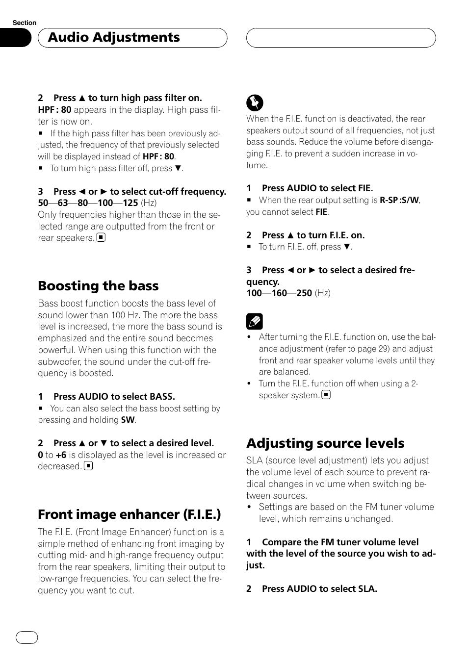 Boosting the bass, Front image enhancer (f.i.e.), Adjusting source levels | Audio adjustments | Pioneer DEH-P3900MP User Manual | Page 32 / 132