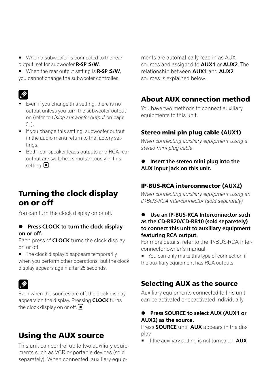 Turning the clock display on or off, Using the aux source, About aux connection method 35 | Selecting aux as the source 35, About aux connection method, Selecting aux as the source | Pioneer DEH-P3900MP User Manual | Page 35 / 132
