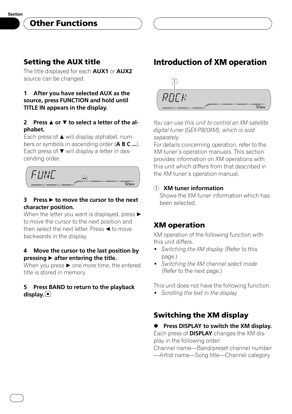Setting the aux title 36, Introduction of xm operation, Xm operation 36 | Switching the xm display 36, Other functions | Pioneer DEH-P3900MP User Manual | Page 36 / 132
