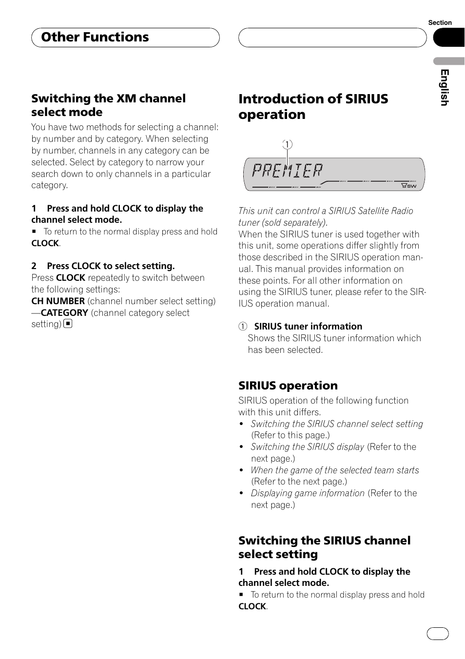 Switching the xm channel select, Mode, Introduction of sirius operation | Sirius operation 37, Switching the sirius channel select, Setting, Switching the xm channel select mode, Other functions | Pioneer DEH-P3900MP User Manual | Page 37 / 132