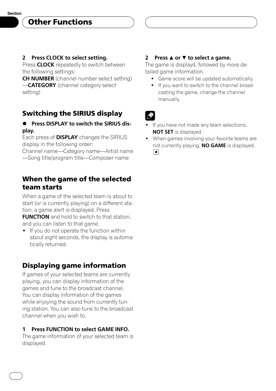 Switching the sirius display 38, When the game of the selected team, Starts | Displaying game information 38, Switching the sirius display, When the game of the selected team starts, Displaying game information, Other functions | Pioneer DEH-P3900MP User Manual | Page 38 / 132
