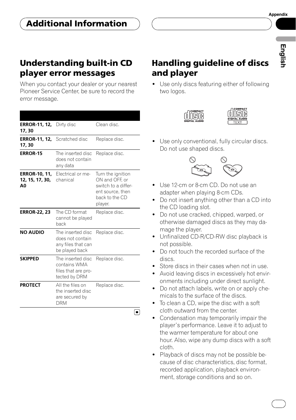 Messages, Handling guideline of discs and player, Understanding built-in cd player error messages | Additional information, English | Pioneer DEH-P3900MP User Manual | Page 39 / 132