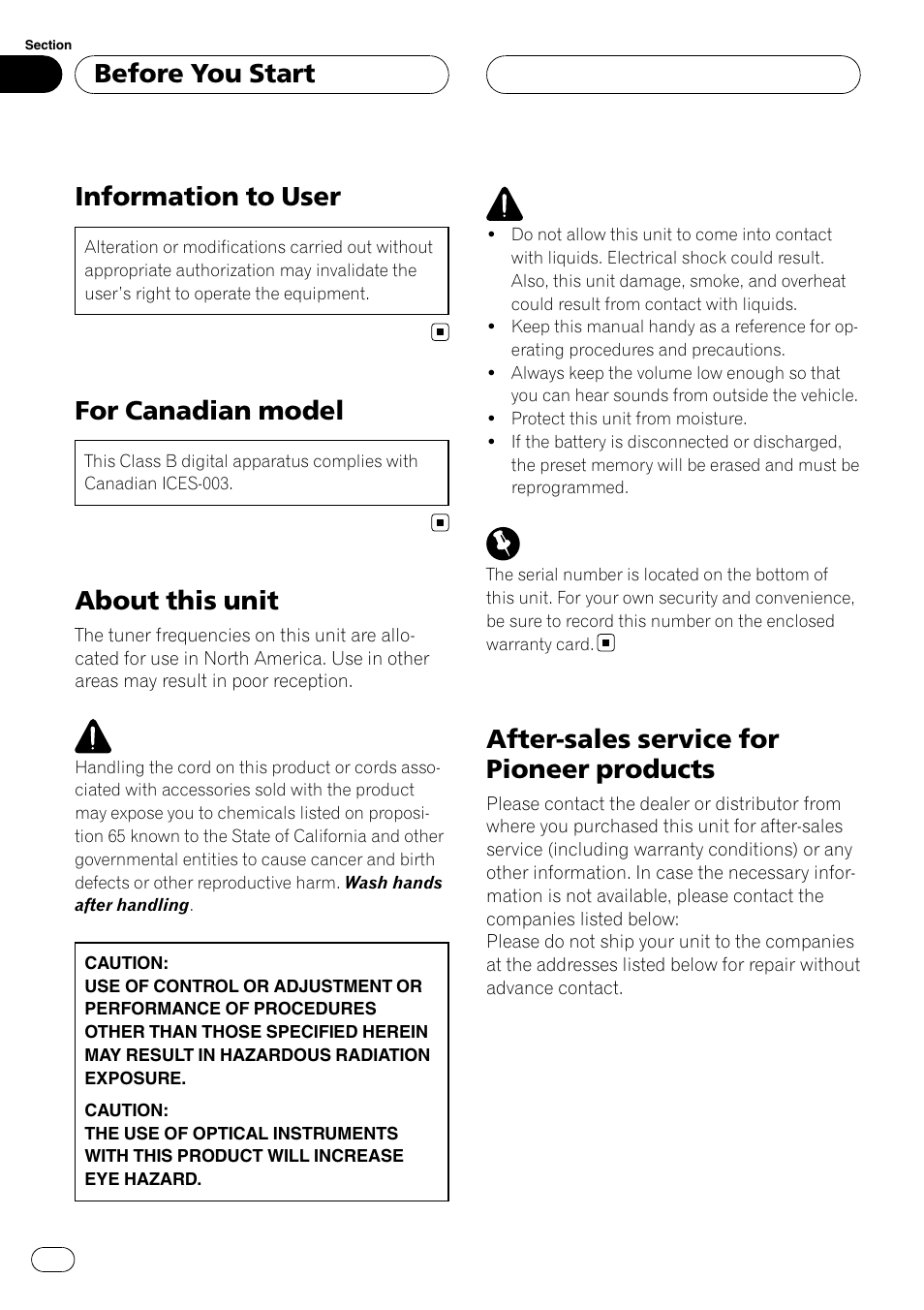 Before you start, Information to user, For canadian model | About this unit, After-sales service for pioneer products | Pioneer DEH-P3900MP User Manual | Page 4 / 132