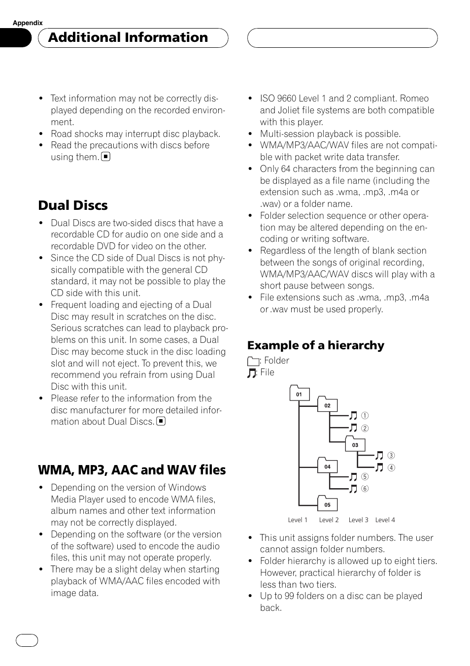 Dual discs, Wma, mp3, aac and wav files, Example of a hierarchy 40 | Additional information, Example of a hierarchy | Pioneer DEH-P3900MP User Manual | Page 40 / 132