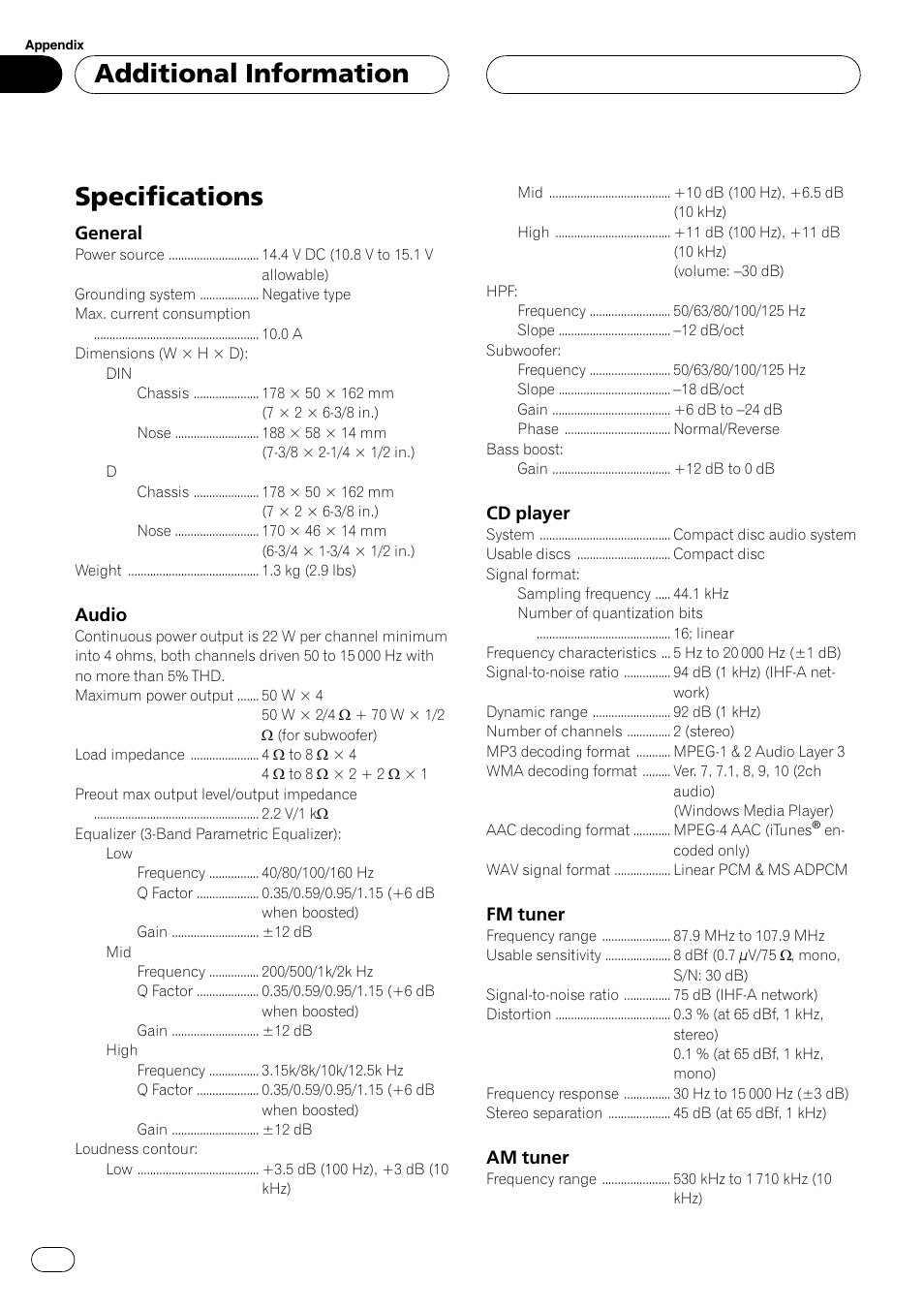 Specifications, Additional information, General | Audio, Cd player, Fm tuner, Am tuner | Pioneer DEH-P3900MP User Manual | Page 42 / 132