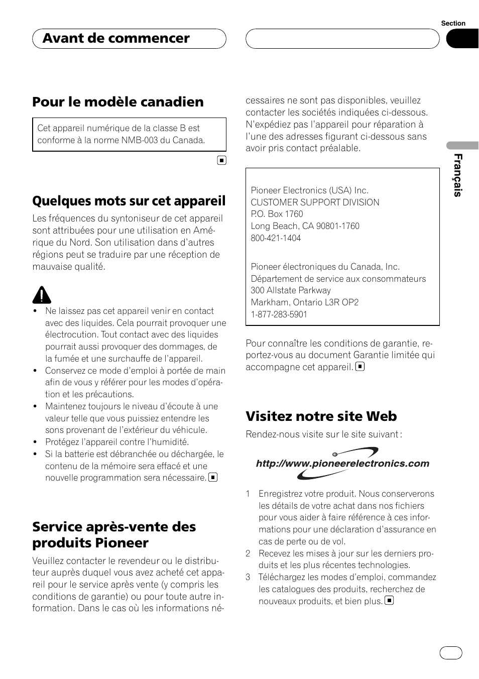 Avant de commencer, Pour le modèle canadien, Quelques mots sur cet appareil | Service après-vente des produits pioneer, Visitez notre site web | Pioneer DEH-P3900MP User Manual | Page 47 / 132