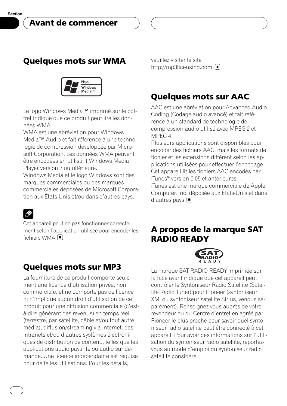 Quelques mots sur wma, Quelques mots sur mp3, Quelques mots sur aac | A propos de la marque sat radio, Ready, A propos de la marque sat radio ready, Avant de commencer | Pioneer DEH-P3900MP User Manual | Page 48 / 132