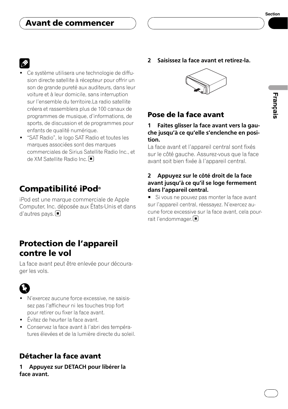Compatibilité ipod, Protection de l, Appareil contre le vol 49 | Détacher la face avant 49, Pose de la face avant 49, Protection de l ’appareil contre le vol, Avant de commencer, Détacher la face avant, Pose de la face avant | Pioneer DEH-P3900MP User Manual | Page 49 / 132