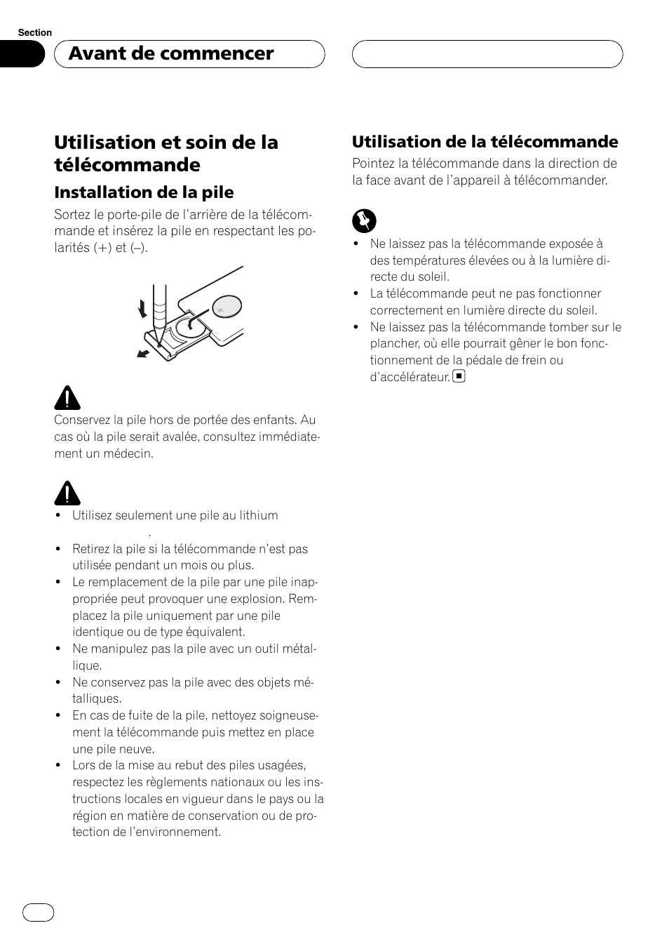 Utilisation et soin de la télécommande, Installation de la pile 50, Utilisation de la télécommande 50 | Avant de commencer, Installation de la pile, Utilisation de la télécommande | Pioneer DEH-P3900MP User Manual | Page 50 / 132