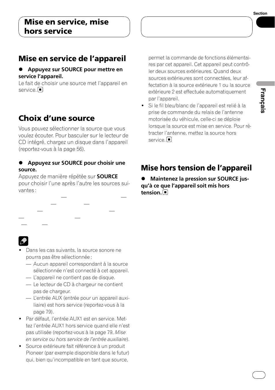 Appareil 53, Choix d, Une source 53 | Mise hors tension de l, Mise en service de l ’appareil, Choix d ’une source, Mise hors tension de l ’appareil, Mise en service, mise hors service | Pioneer DEH-P3900MP User Manual | Page 53 / 132