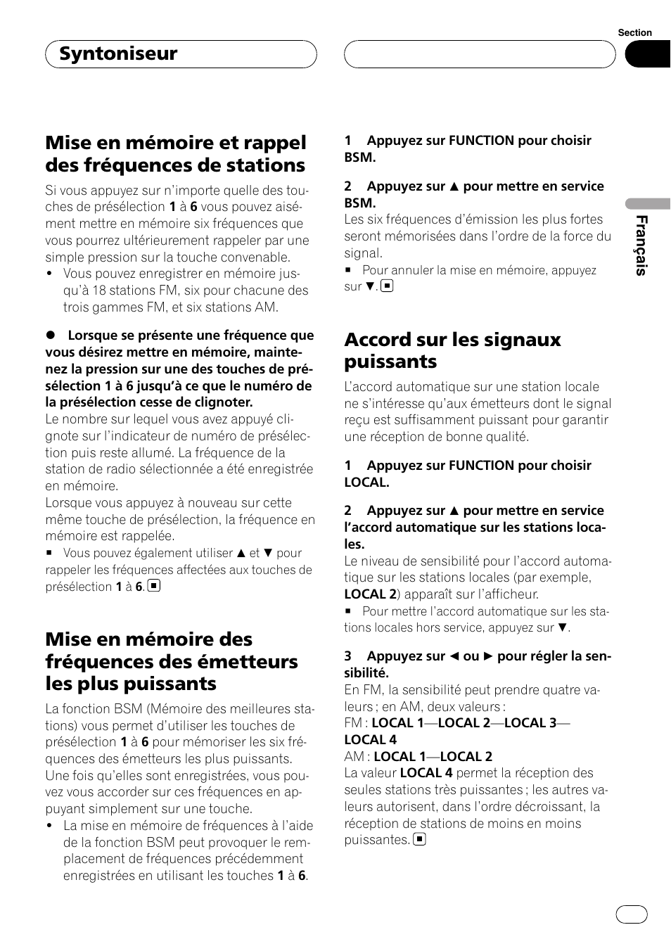 Mise en mémoire et rappel des fréquences, De stations, Mise en mémoire des fréquences des | Émetteurs les plus puissants, Accord sur les signaux puissants, Syntoniseur | Pioneer DEH-P3900MP User Manual | Page 55 / 132