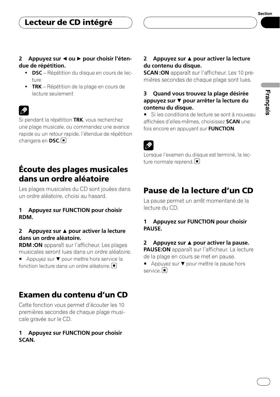 Écoute des plages musicales dans un ordre, Aléatoire, Examen du contenu d | Un cd 57, Pause de la lecture d, Examen du contenu d ’un cd, Pause de la lecture d ’un cd, Lecteur de cd intégré | Pioneer DEH-P3900MP User Manual | Page 57 / 132