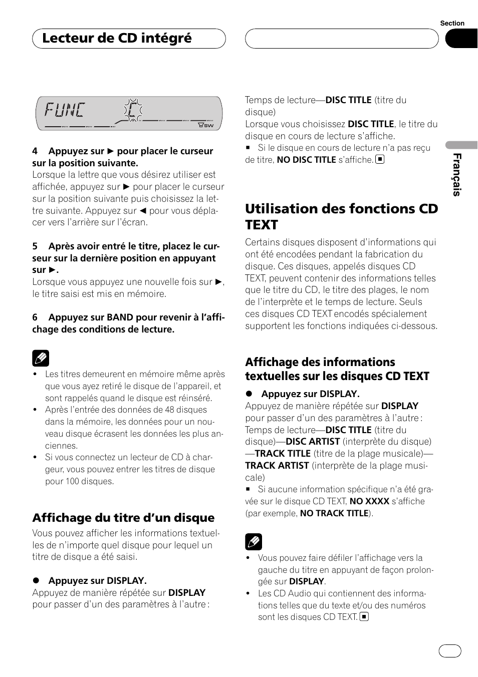 Affichage du titre d’un disque 59, Utilisation des fonctions cd text, Affichage des informations textuelles | Sur les disques cd text, Lecteur de cd intégré, Affichage du titre d ’un disque | Pioneer DEH-P3900MP User Manual | Page 59 / 132