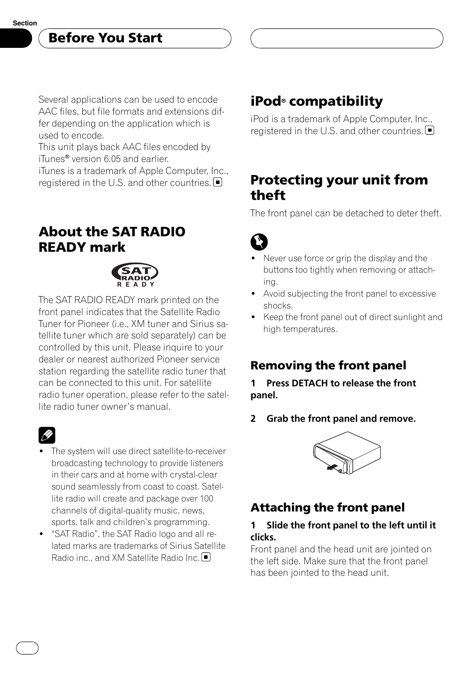 About the sat radio ready mark, Ipod® compatibility, Protecting your unit from theft | Removing the front panel 6, Attaching the front panel 6, Ipod, Compatibility, Before you start, Removing the front panel, Attaching the front panel | Pioneer DEH-P3900MP User Manual | Page 6 / 132