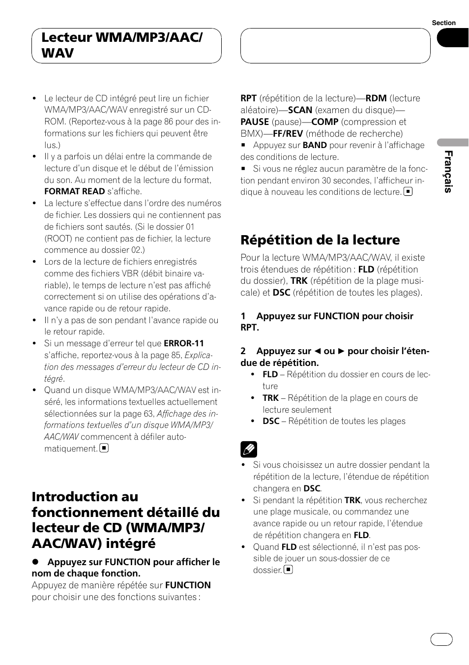 Répétition de la lecture, Lecteur wma/mp3/aac/ wav | Pioneer DEH-P3900MP User Manual | Page 61 / 132