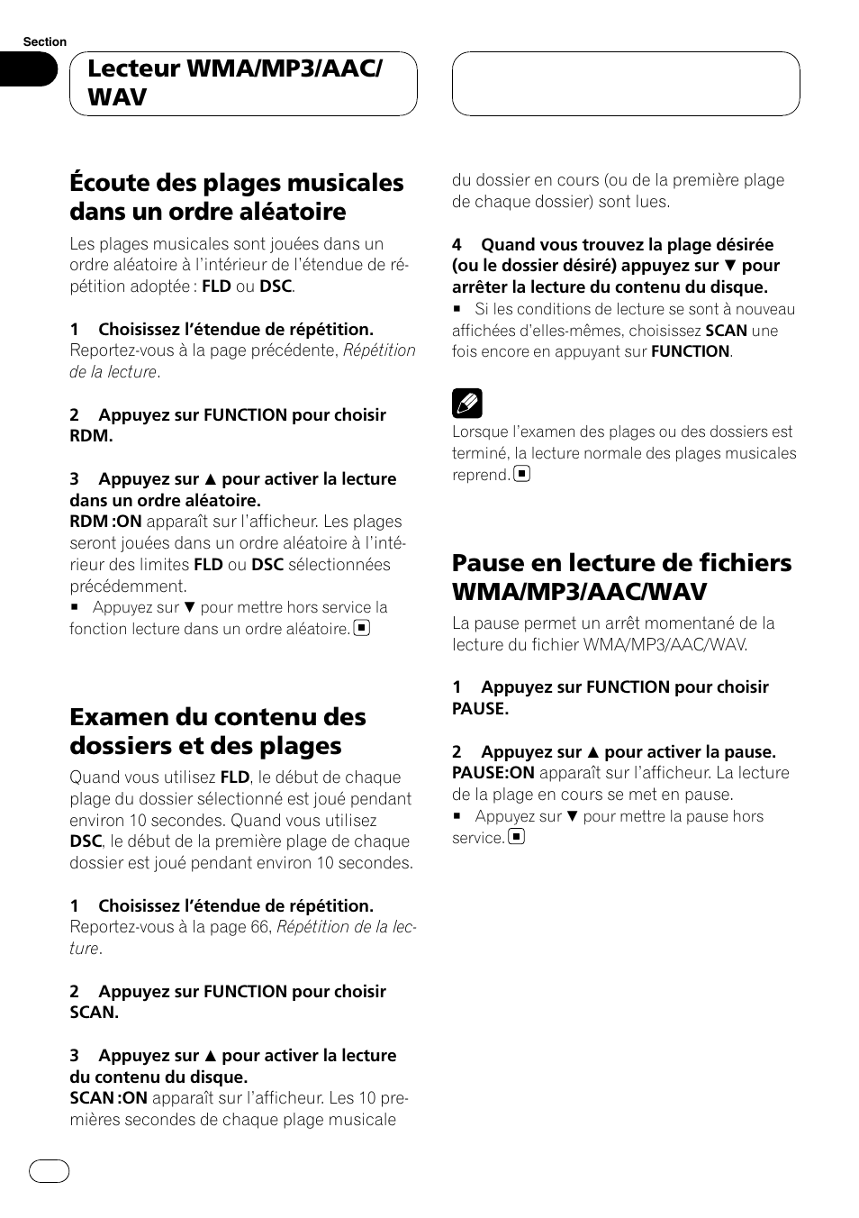 Examen du contenu des dossiers et des plages, Pause en lecture de fichiers wma/mp3/aac/wav, Lecteur wma/mp3/aac/ wav | Pioneer DEH-P3900MP User Manual | Page 62 / 132
