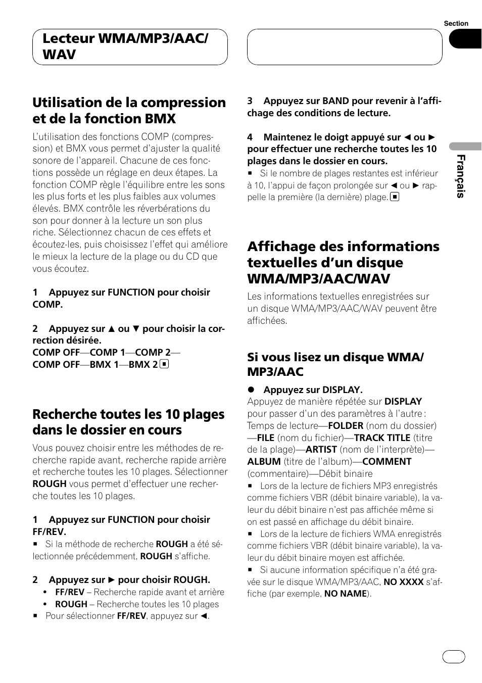 Un disque wma/mp3, Aac/wav, Lecteur wma/mp3/aac/ wav | Si vous lisez un disque wma/ mp3/aac | Pioneer DEH-P3900MP User Manual | Page 63 / 132