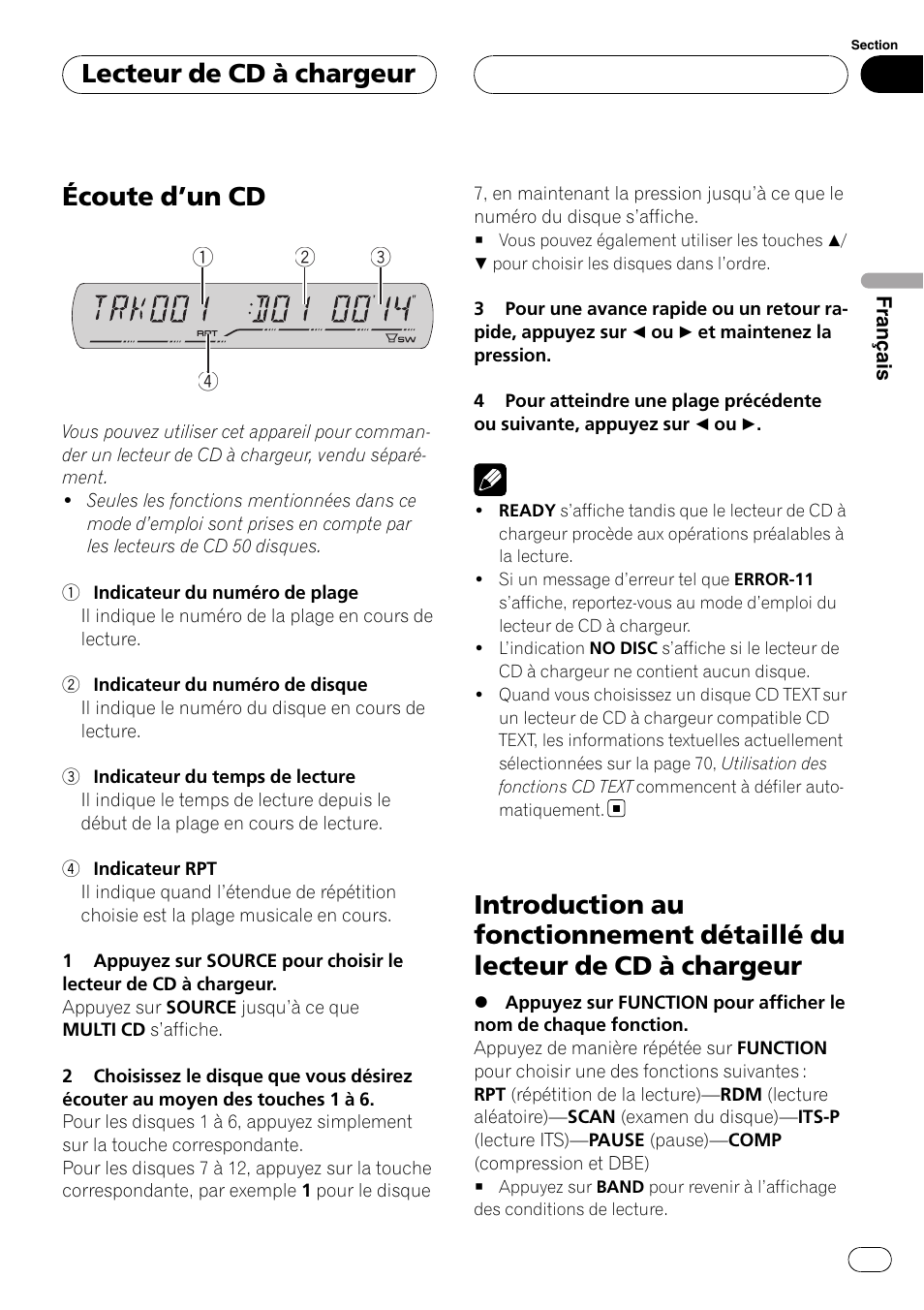 Introduction au fonctionnement détaillé du, Lecteur de cd à chargeur, Écoute d ’un cd | Pioneer DEH-P3900MP User Manual | Page 65 / 132