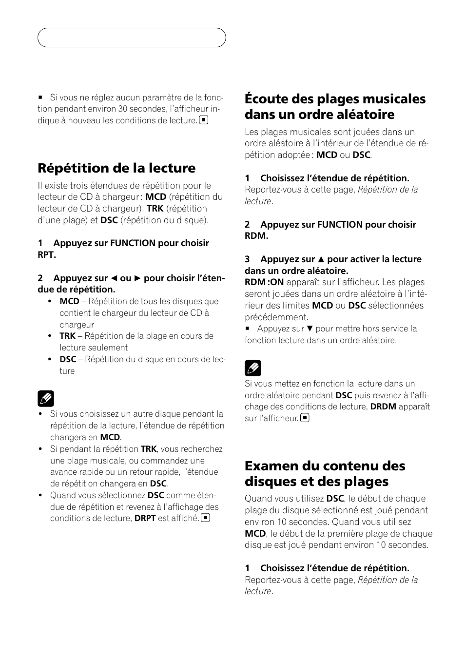 Répétition de la lecture, Écoute des plages musicales dans un ordre, Aléatoire | Examen du contenu des disques et des, Plages, Examen du contenu des disques et des plages | Pioneer DEH-P3900MP User Manual | Page 66 / 132