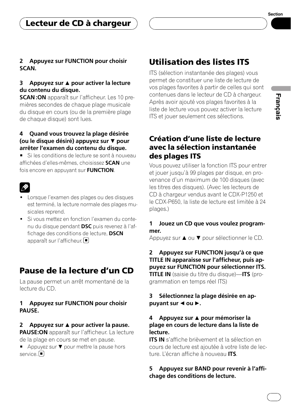 Pause de la lecture d, Un cd 67, Utilisation des listes its | Création d’une liste de lecture avec la, Sélection instantanée des plages its, Pause de la lecture d ’un cd, Lecteur de cd à chargeur | Pioneer DEH-P3900MP User Manual | Page 67 / 132