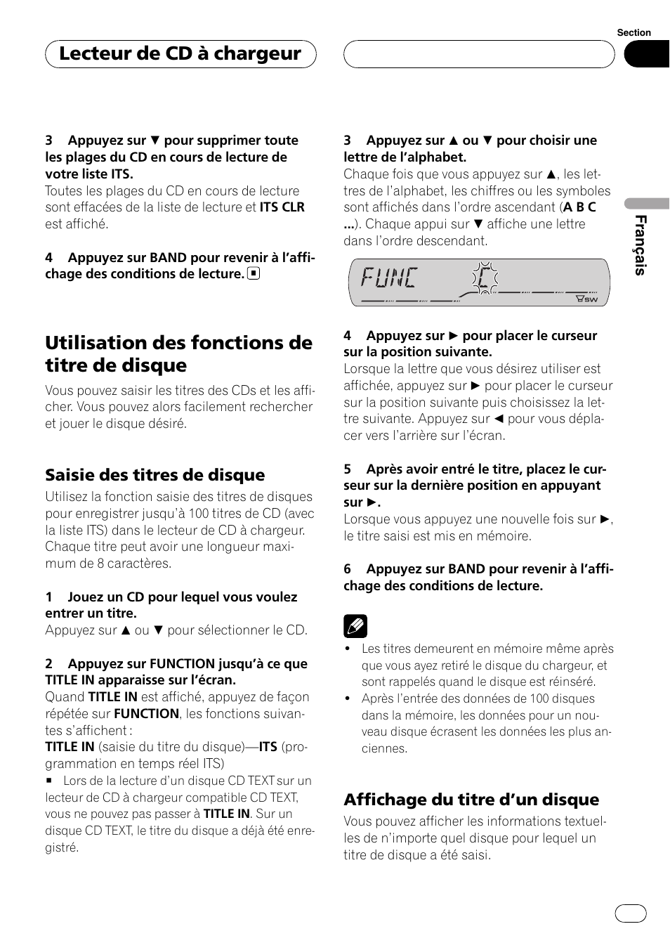Utilisation des fonctions de titre de, Disque, Saisie des titres de disque 69 | Affichage du titre d’un disque 69, Utilisation des fonctions de titre de disque, Lecteur de cd à chargeur, Saisie des titres de disque, Affichage du titre d ’un disque | Pioneer DEH-P3900MP User Manual | Page 69 / 132