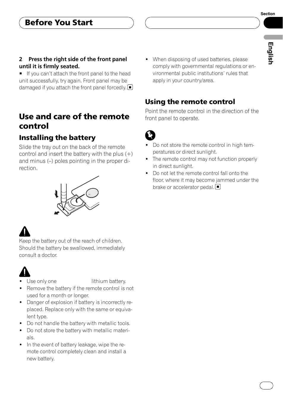 Use and care of the remote control, Installing the battery 7, Using the remote control 7 | Before you start, Installing the battery, Using the remote control | Pioneer DEH-P3900MP User Manual | Page 7 / 132