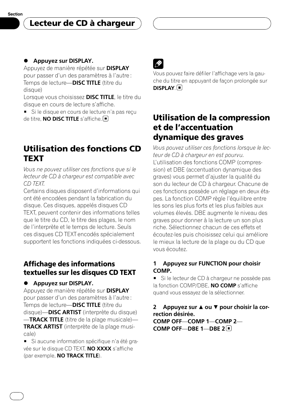 Utilisation des fonctions cd text, Affichage des informations textuelles, Sur les disques cd text | Utilisation de la compression et de, Accentuation dynamique des graves 70, Lecteur de cd à chargeur | Pioneer DEH-P3900MP User Manual | Page 70 / 132