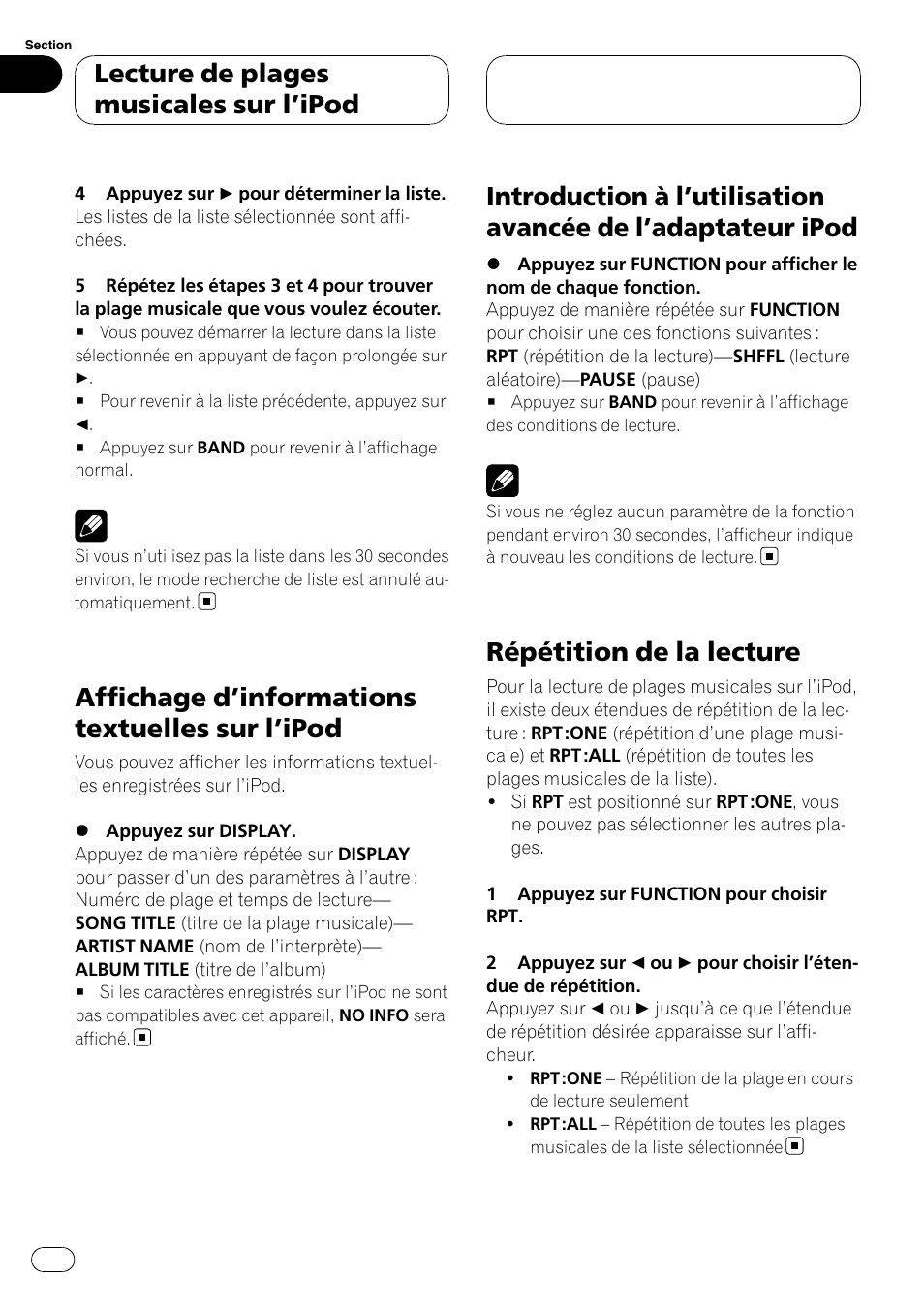 Affichage d, Informations textuelles sur, Ipod 72 | Introduction à l, Utilisation avancée de, Adaptateur ipod 72, Répétition de la lecture, Affichage d ’informations textuelles sur l ’ipod, Lecture de plages musicales sur l ’ipod | Pioneer DEH-P3900MP User Manual | Page 72 / 132