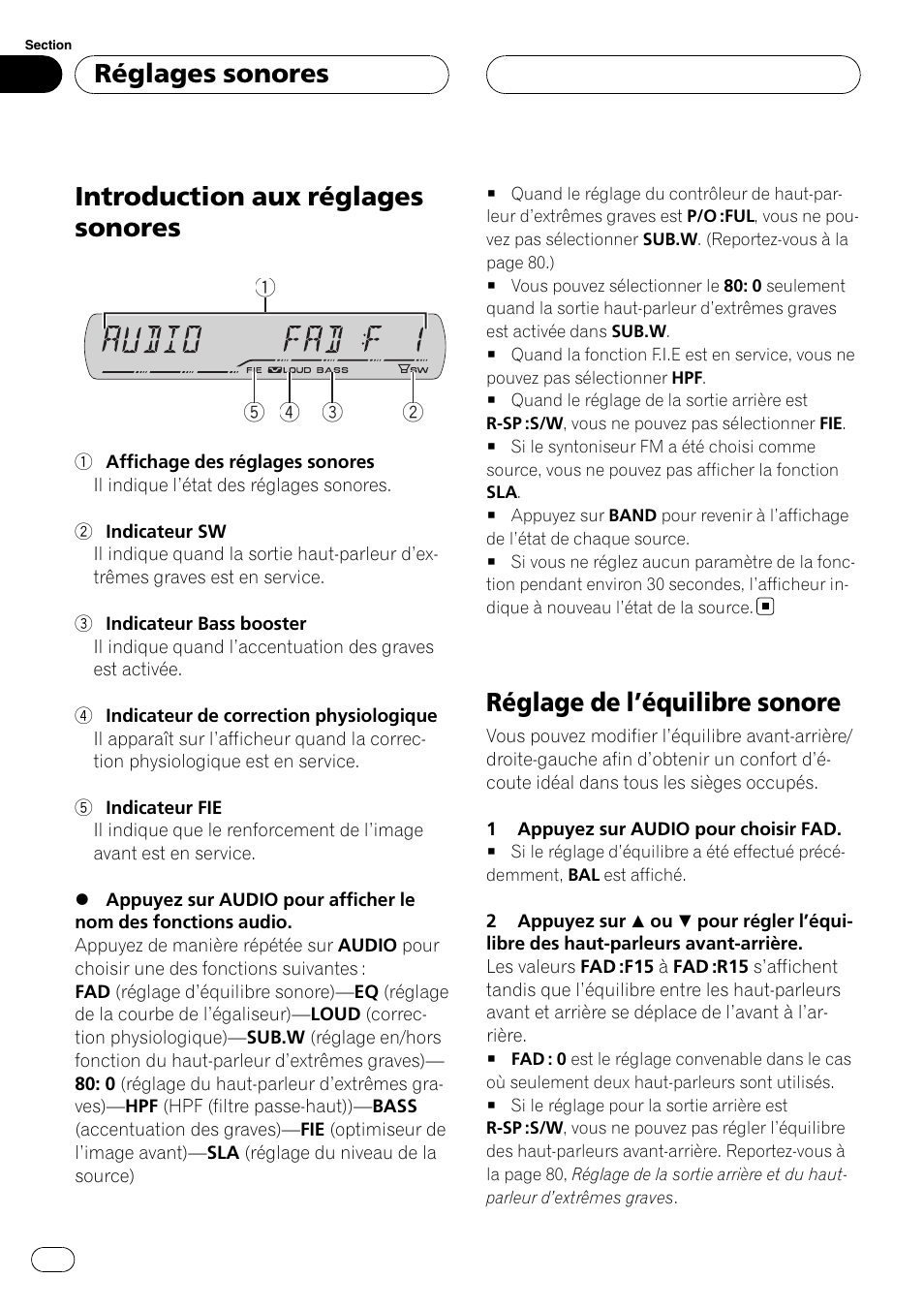 Réglages sonores introduction aux réglages sonores, Réglage de l, Équilibre sonore 74 | Introduction aux réglages sonores, Réglage de l ’équilibre sonore, Réglages sonores | Pioneer DEH-P3900MP User Manual | Page 74 / 132