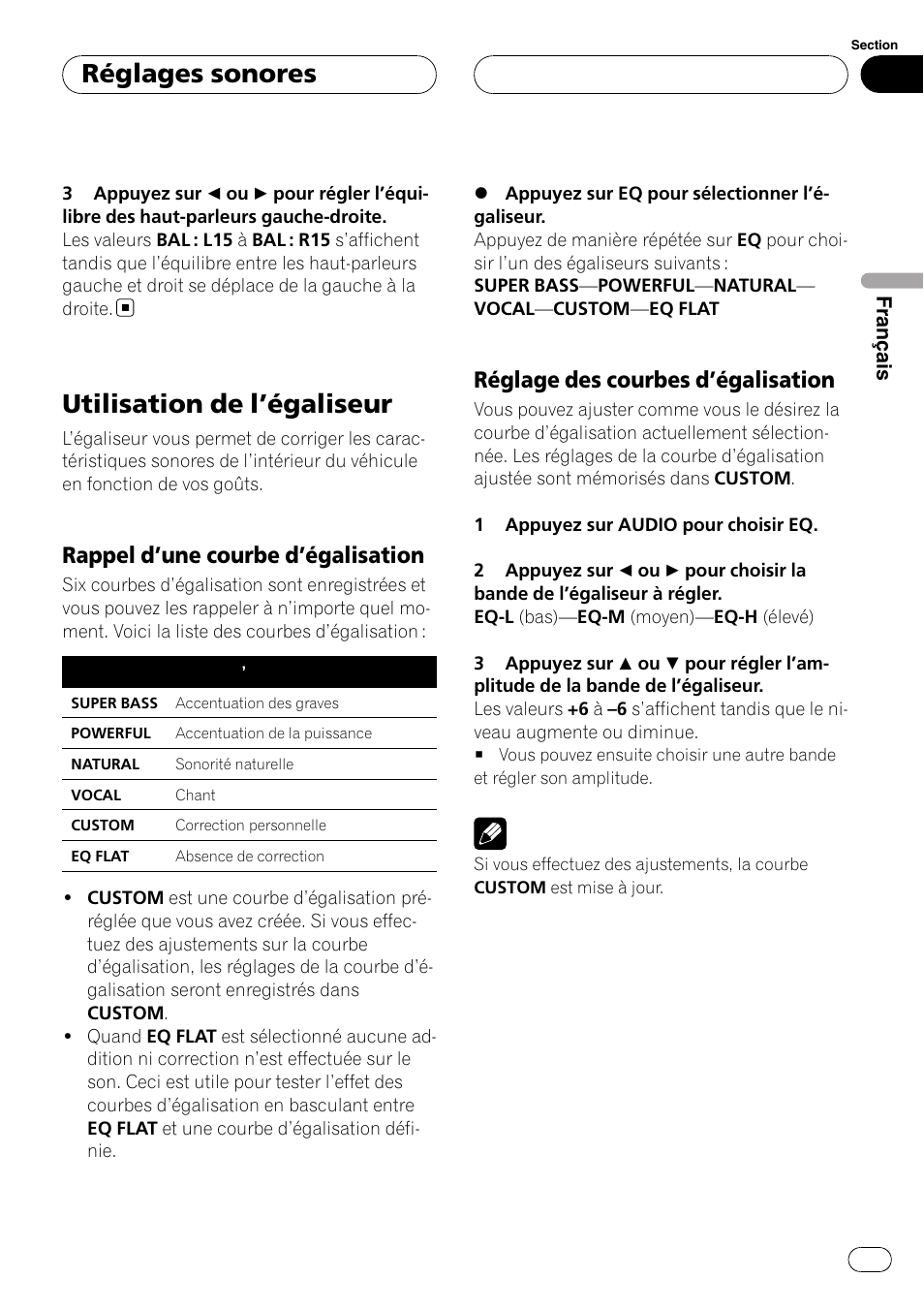 Utilisation de l, Égaliseur 75, Rappel d’une courbe d’égalisation 75 | Réglage des courbes d’égalisation 75, Utilisation de l ’égaliseur, Réglages sonores, Rappel d ’une courbe d’égalisation, Réglage des courbes d ’égalisation | Pioneer DEH-P3900MP User Manual | Page 75 / 132