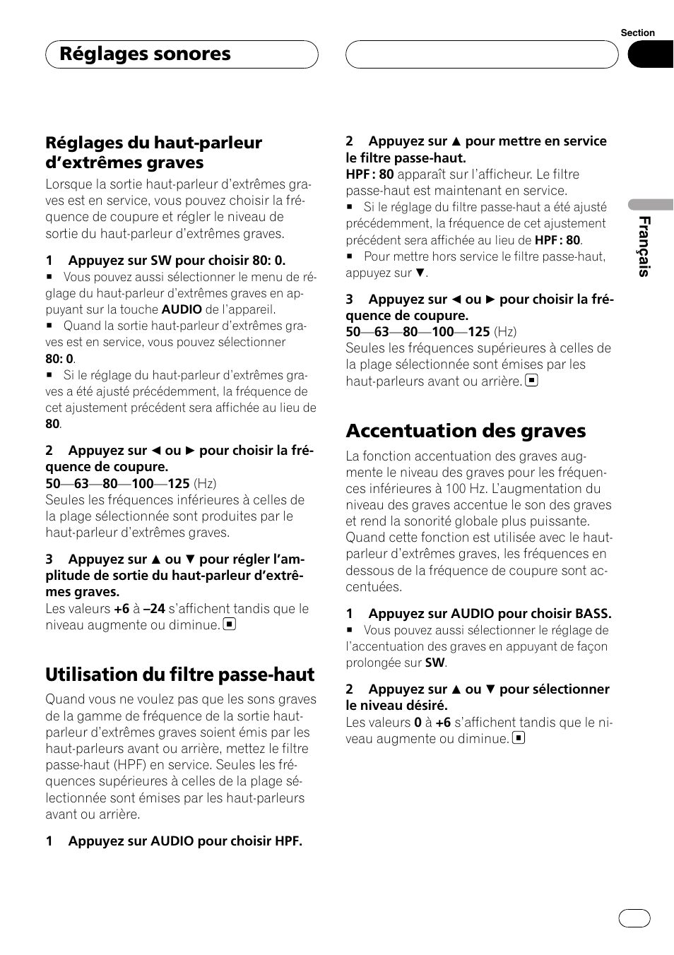 Réglages du haut-parleur d’extrêmes, Graves, Utilisation du filtre passe-haut | Accentuation des graves, Réglages sonores, Réglages du haut-parleur d ’extrêmes graves | Pioneer DEH-P3900MP User Manual | Page 77 / 132