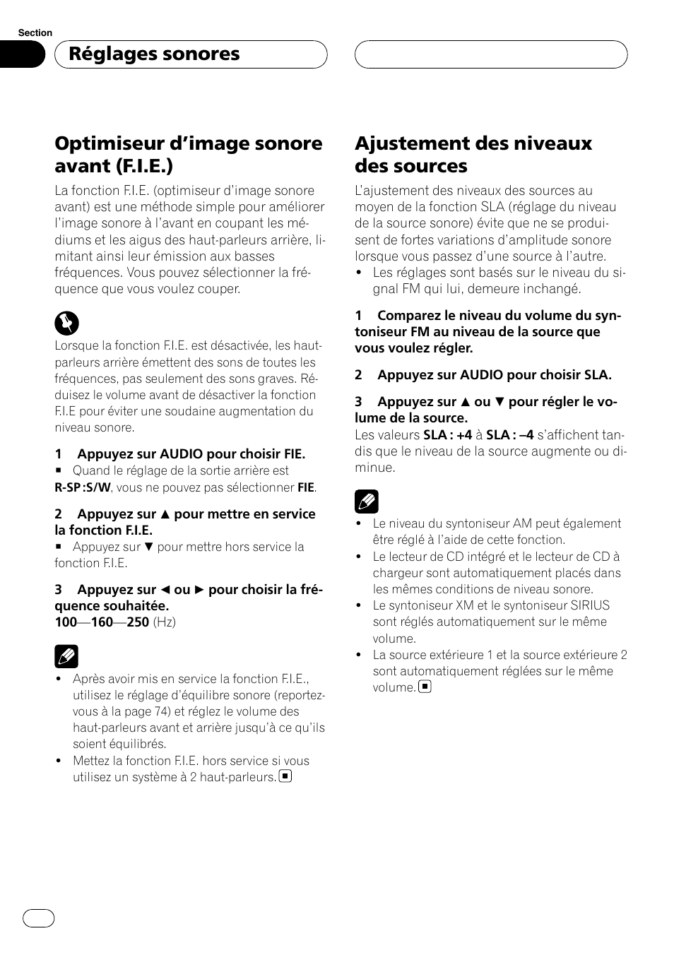 Optimiseur d, Image sonore avant (f.i.e.) 78, Ajustement des niveaux des sources | Optimiseur d ’image sonore avant (f.i.e.), Réglages sonores | Pioneer DEH-P3900MP User Manual | Page 78 / 132