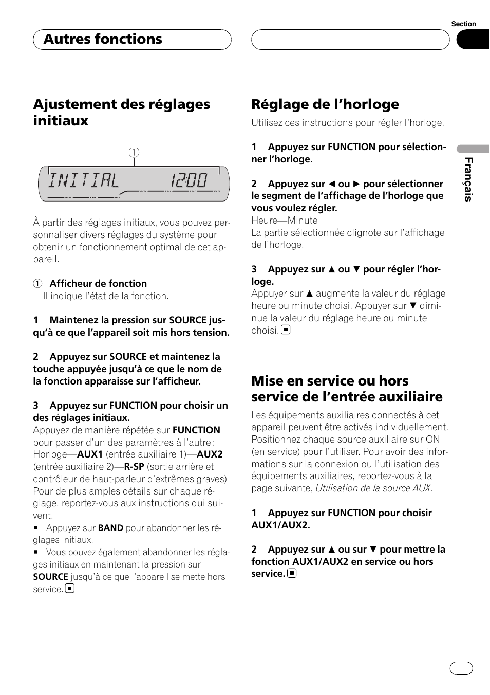 Autres fonctions ajustement des réglages initiaux, Réglage de l, Horloge 79 | Mise en service ou hors service de l, Entrée, Auxiliaire, Entrée auxiliaire, Ajustement des réglages initiaux, Réglage de l ’horloge, Autres fonctions | Pioneer DEH-P3900MP User Manual | Page 79 / 132