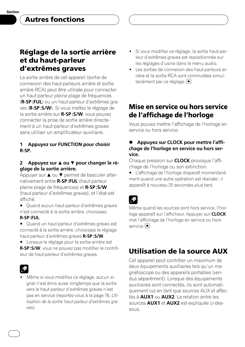 Réglage de la sortie arrière et du haut-parleur, Extrêmes graves 80, Mise en service ou hors service de l | Affichage, De l, Horloge 80, Utilisation de la source aux, Extrêmes graves, Autres fonctions | Pioneer DEH-P3900MP User Manual | Page 80 / 132