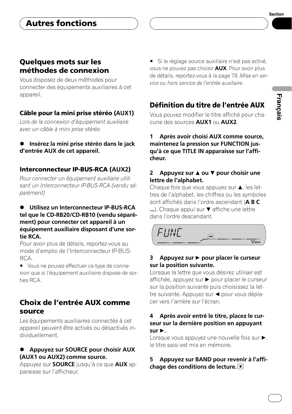 Quelques mots sur les méthodes de, Connexion, Choix de l’entrée aux comme | Source, Définition du titre de l’entrée aux 81, Autres fonctions, Quelques mots sur les méthodes de connexion, Choix de l ’entrée aux comme source, Définition du titre de l ’entrée aux | Pioneer DEH-P3900MP User Manual | Page 81 / 132