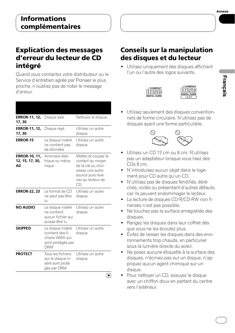 Erreur du lecteur, De cd intégré, Conseils sur la manipulation des disques et | Du lecteur, Tion des messages d, Erreur du lecteur de cd in, Tégré, Informations complémentaires | Pioneer DEH-P3900MP User Manual | Page 85 / 132