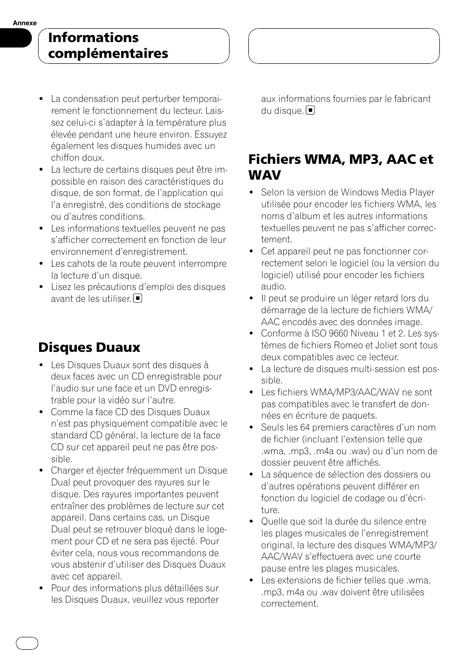 Disques duaux, Fichiers wma, mp3, aac et wav, Informations complémentaires | Pioneer DEH-P3900MP User Manual | Page 86 / 132