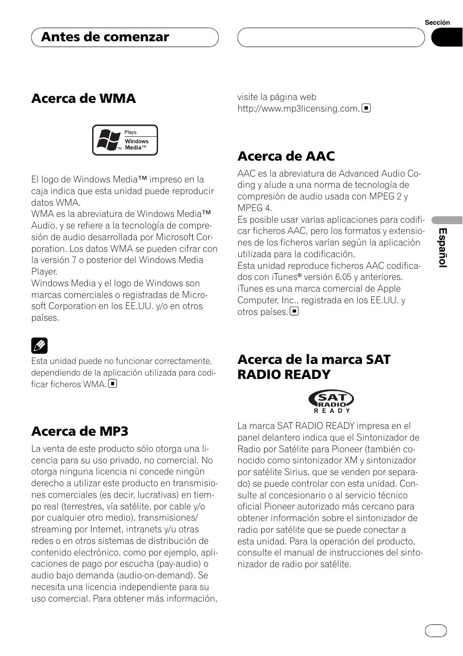 Acerca de wma, Acerca de mp3, Acerca de aac | Acerca de la marca sat radio ready, Antes de comenzar | Pioneer DEH-P3900MP User Manual | Page 93 / 132