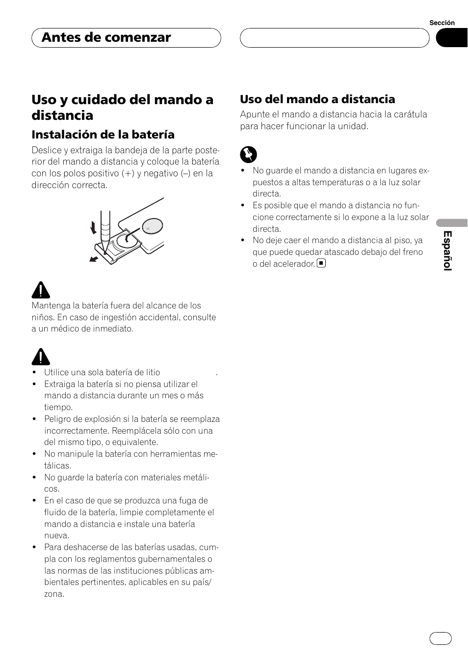 Uso y cuidado del mando a distancia, Instalación de la batería 95, Uso del mando a distancia 95 | Antes de comenzar, Instalación de la batería, Uso del mando a distancia | Pioneer DEH-P3900MP User Manual | Page 95 / 132