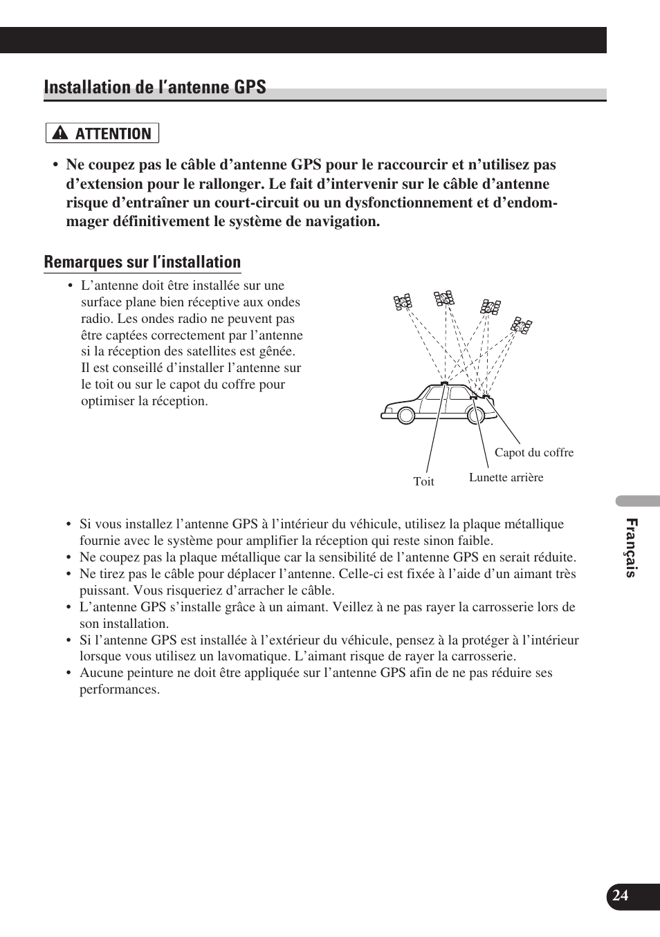 Installation de l’antenne gps, Remarques sur l’installation | Pioneer AVIC-D3 User Manual | Page 109 / 169