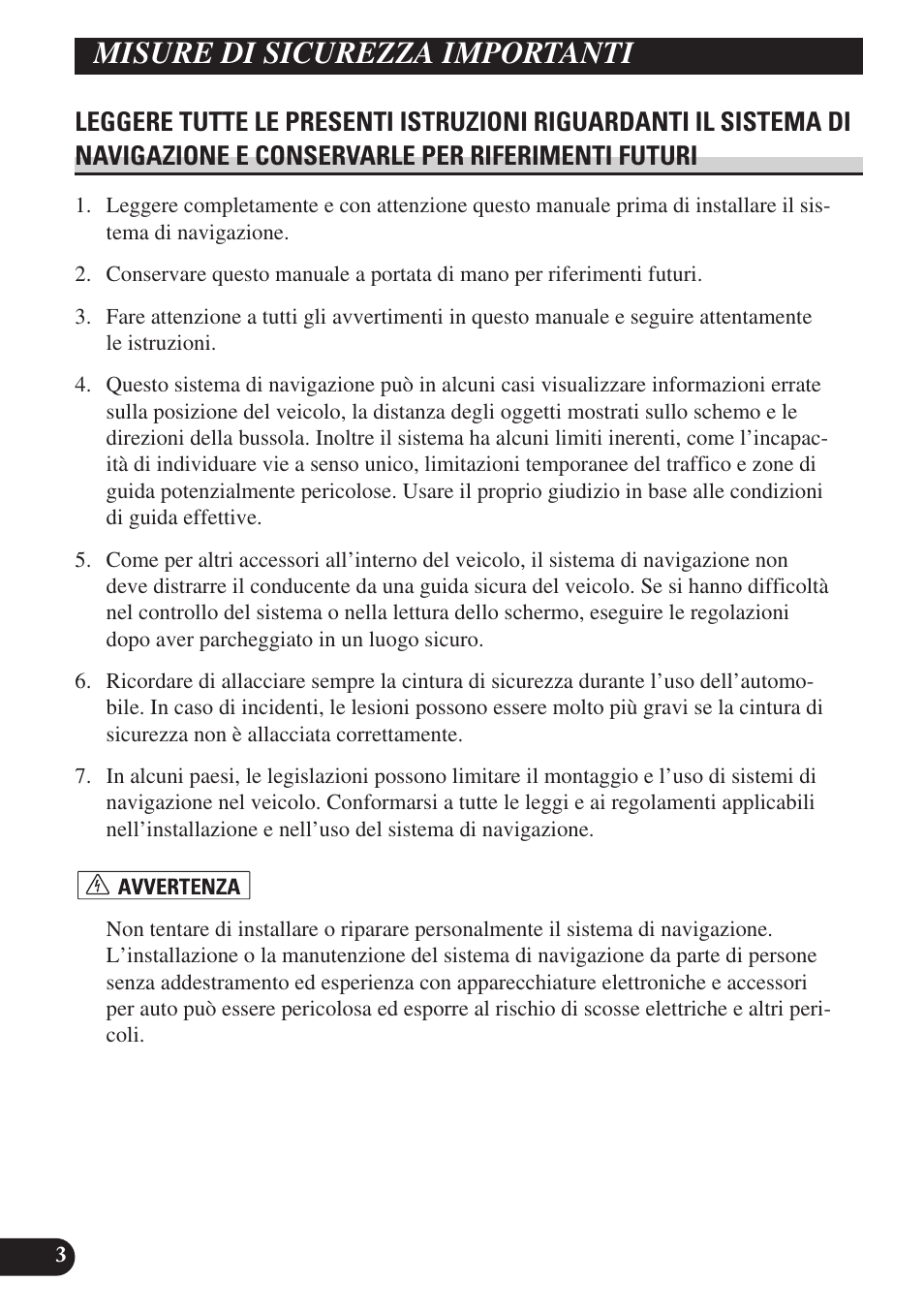 Misure di sicurezza importanti, Leggere tutte le presenti | Pioneer AVIC-D3 User Manual | Page 116 / 169